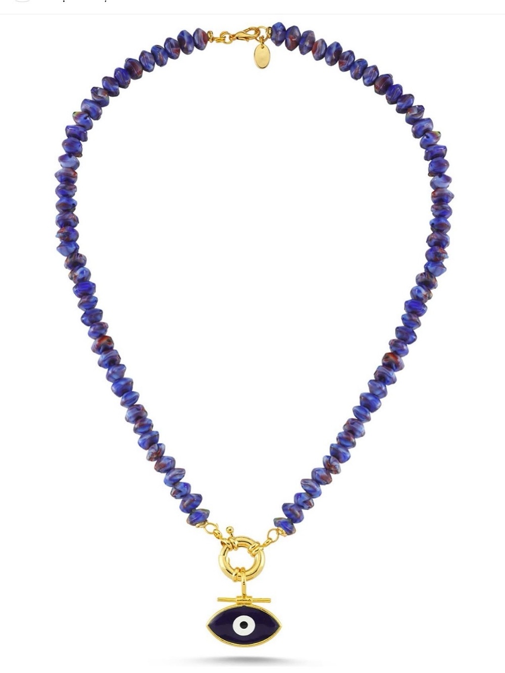 Navy Beaded Necklace with Gold Evil Eye Pendant